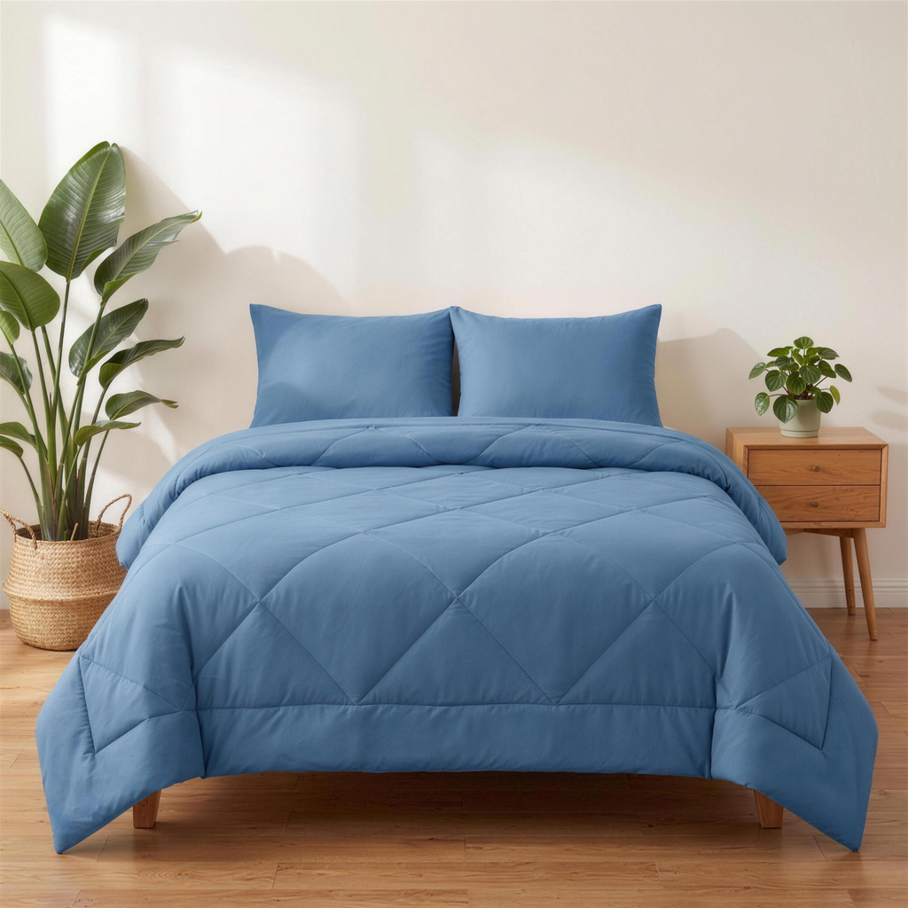 The 2-in-1 Comforter in Coastal Blue on a made bed