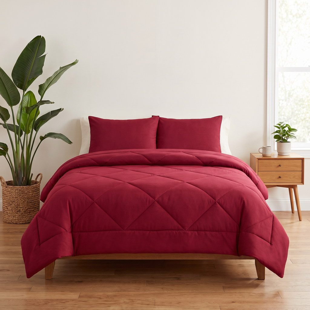 The 2-in-1 Comforter in Fireside Red on a made bed