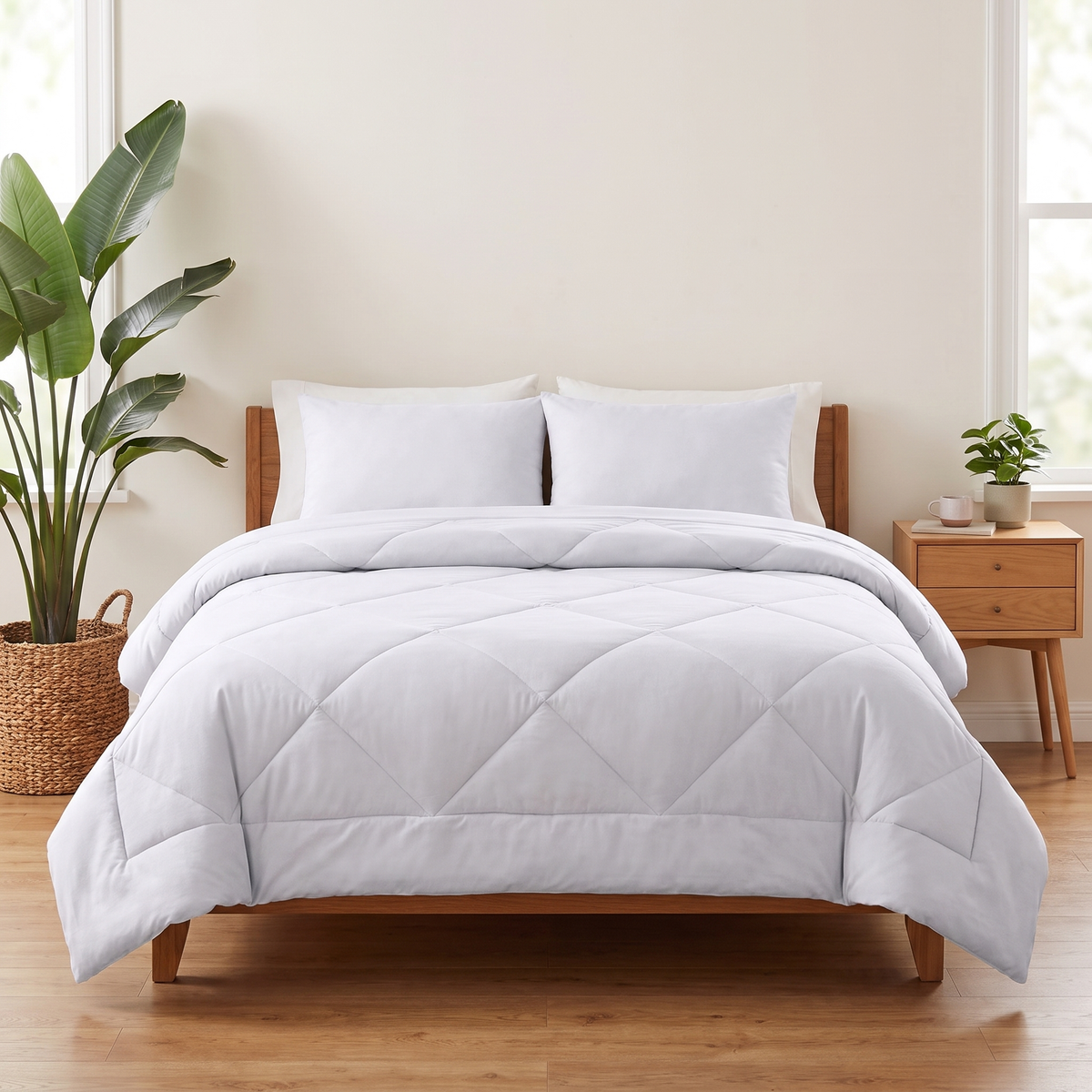 The 2-in-1 Comforter in Snow White on a made bed