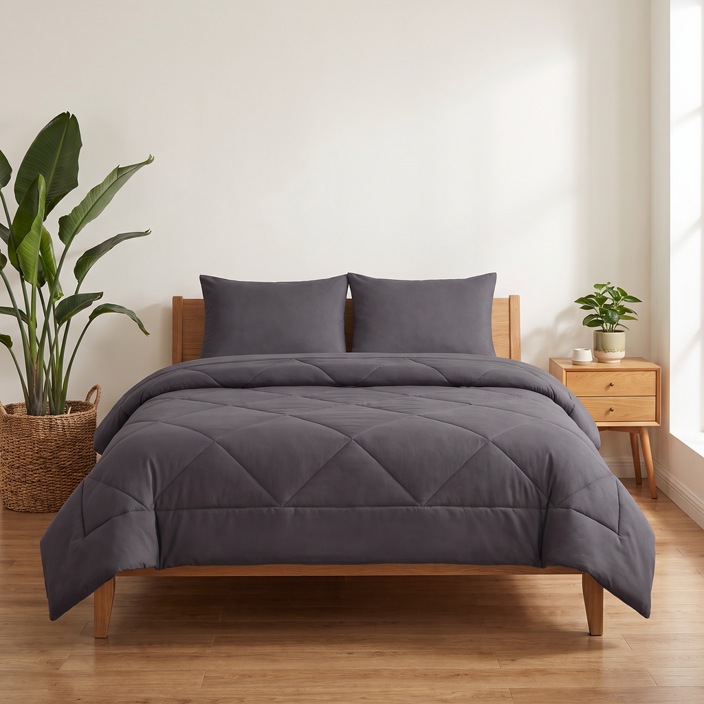The 2-in-1 Comforter in Moonstone Gray on a made bed